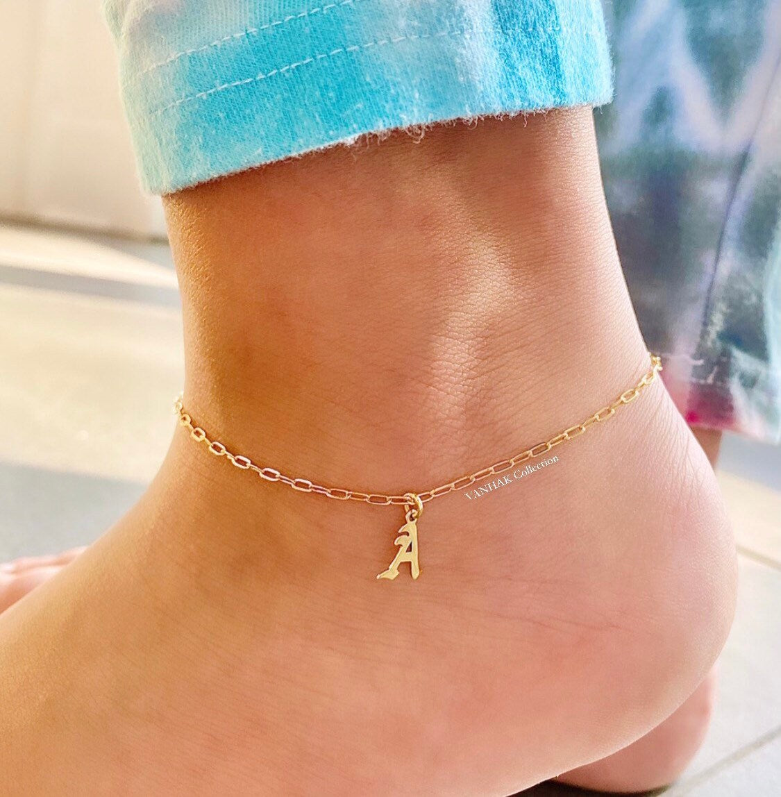 Gothic Initial anklet | goth Letter anklet | old English Personalized anklet | Sterling silver name or initials anklet gold silver