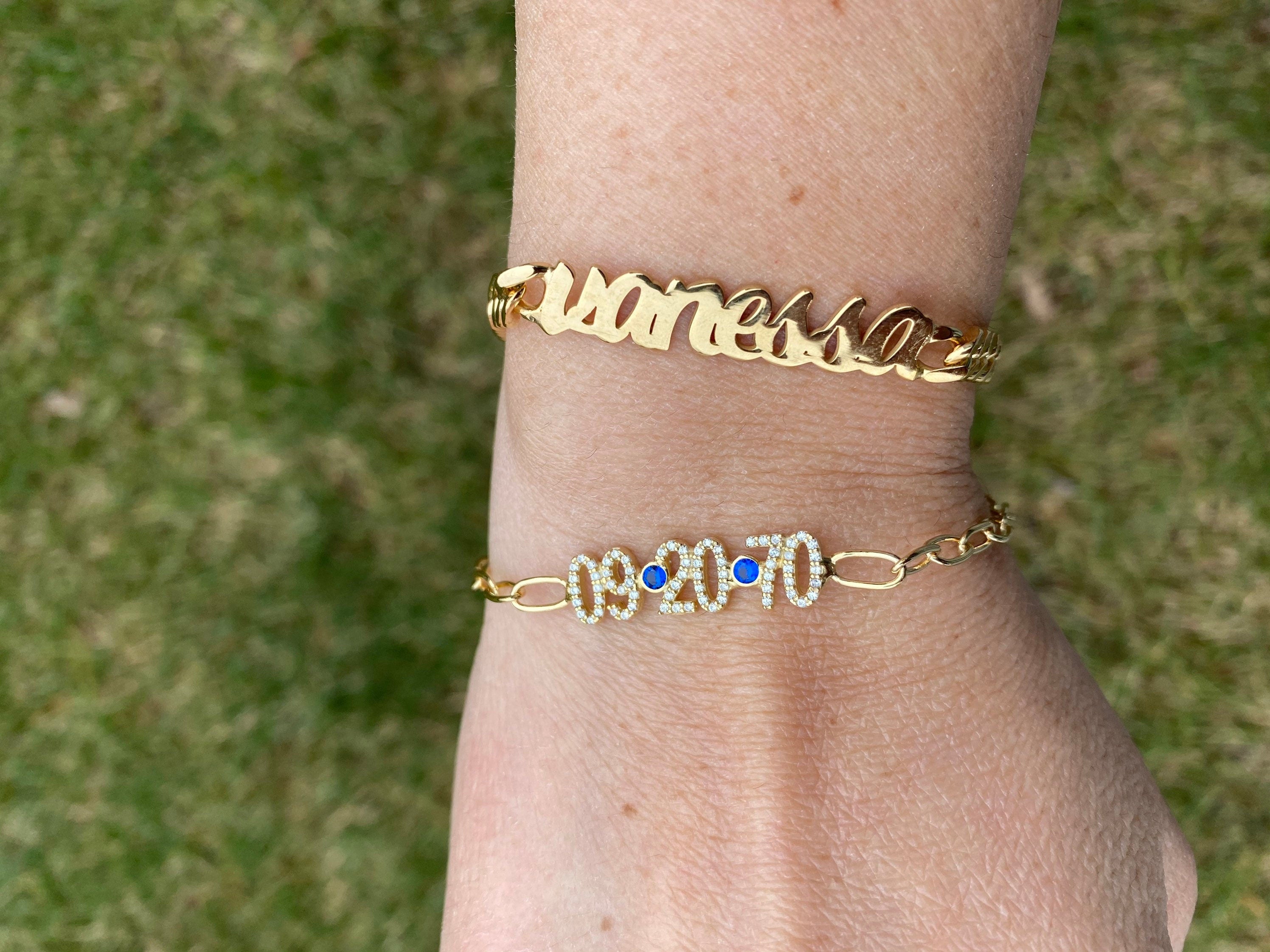 Custom date bracelet. Personalized date bracelet on a paper clip chain. Anniversary/Birthday bracelet. Sterling silver gold plated.