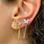 Pave butterfly chain earrings/studs. Chain earrings. Butterfly earrings. Sterling silver 14K gold plated. Gold, rose gold, silver.