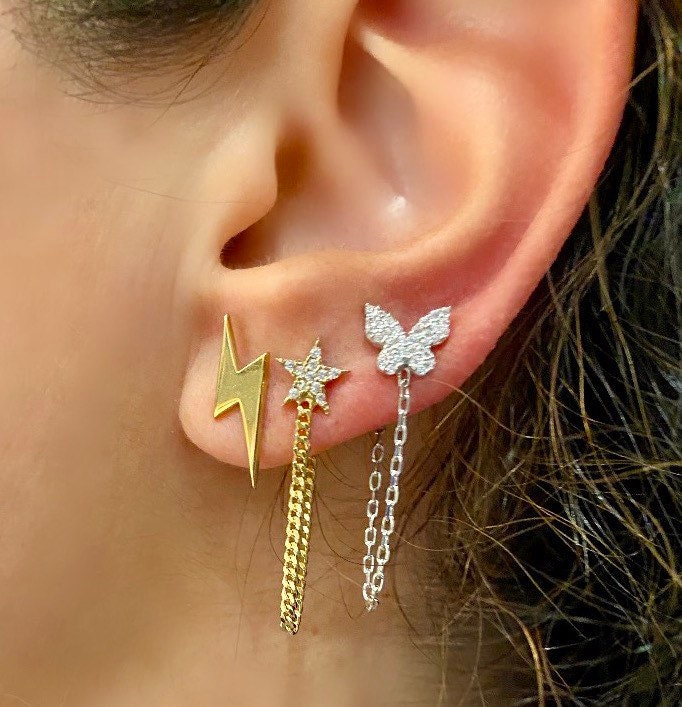 Pave butterfly chain earrings/studs. Chain earrings. Butterfly earrings. Sterling silver 14K gold plated. Gold, rose gold, silver.