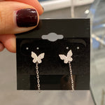 Pave butterfly chain earrings/studs. Chain earrings. Butterfly earrings. Sterling silver 14K gold plated. Gold, rose gold, silver.