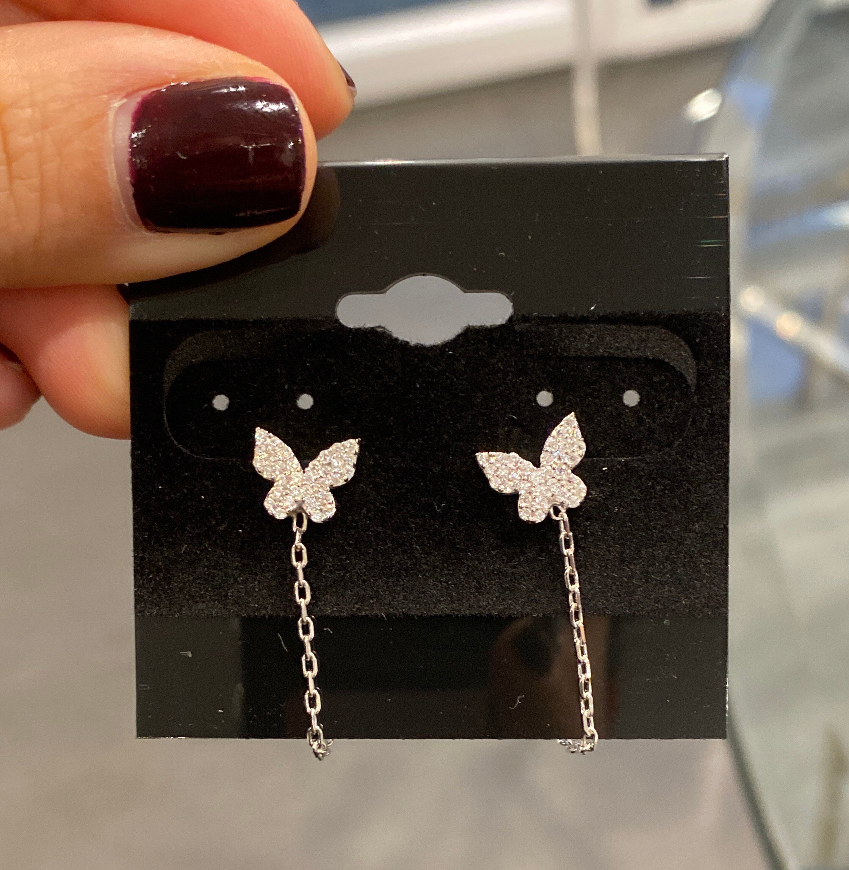 Pave butterfly chain earrings/studs. Chain earrings. Butterfly earrings. Sterling silver 14K gold plated. Gold, rose gold, silver.