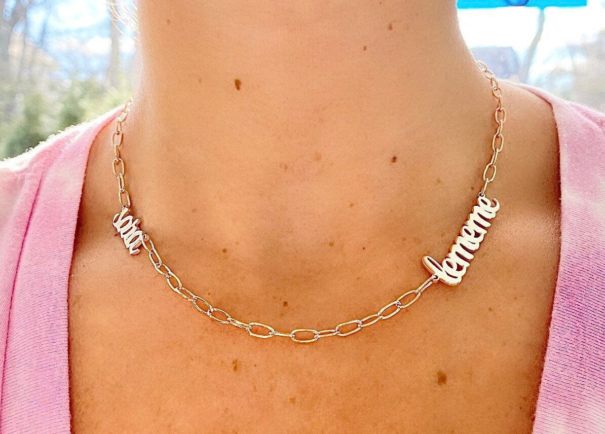 Custom name necklace/choker on paper clip chain. Personalized name necklace choker 2 names. Script nameplate. Sterling silver gold plated