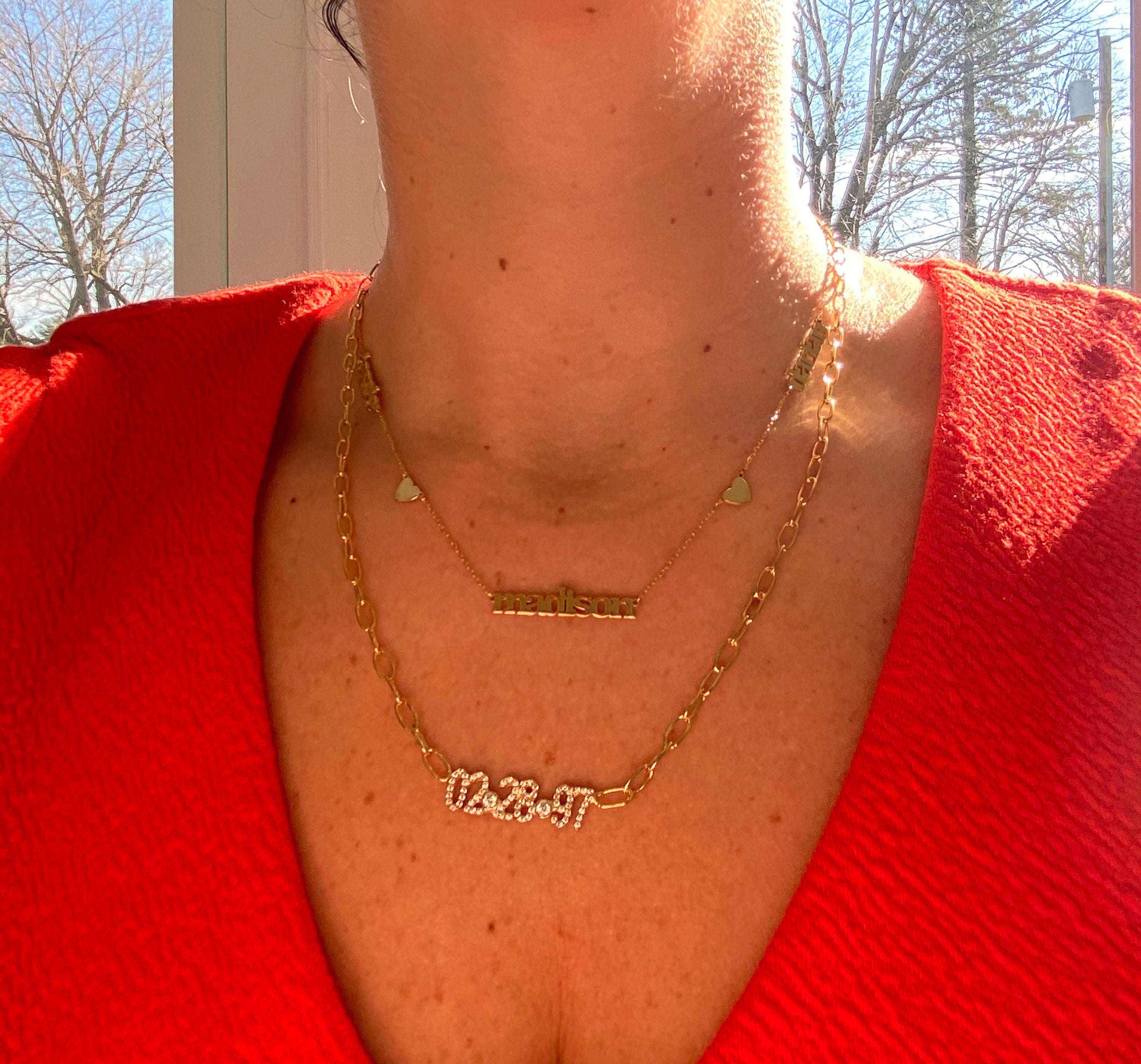 Custom date necklace choker. Date necklace on a paper clip chain with pave stones Anniversary/Birthday necklace. Sterling silver gold plated