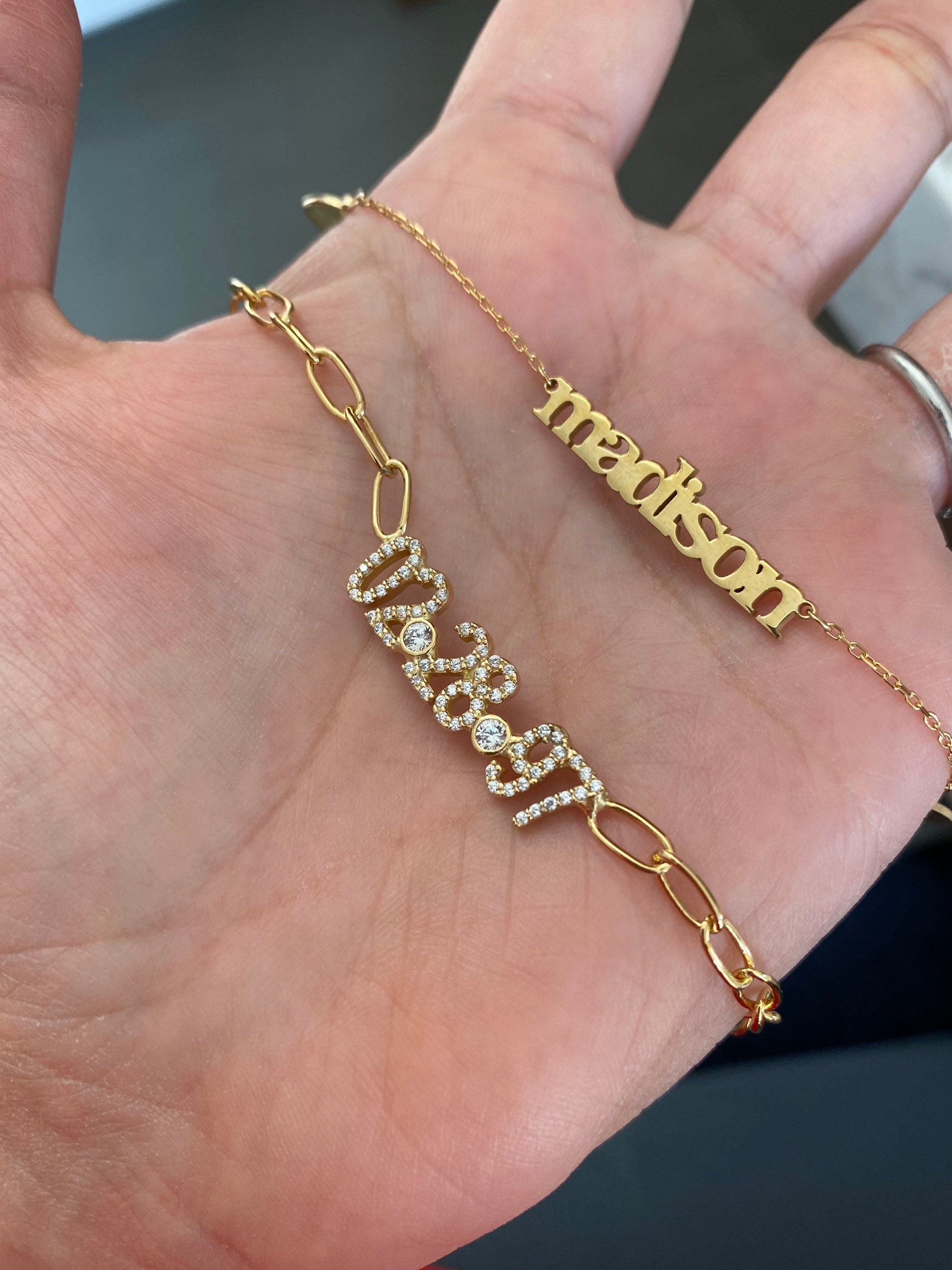 Custom date bracelet. Personalized date bracelet on a paper clip chain. Anniversary/Birthday bracelet. Sterling silver gold plated.