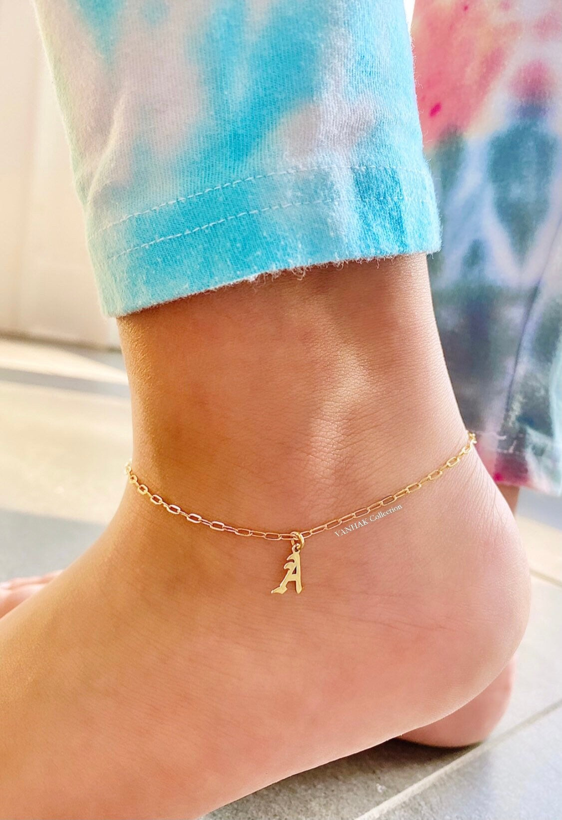 Gothic Initial anklet | goth Letter anklet | old English Personalized anklet | Sterling silver name or initials anklet gold silver