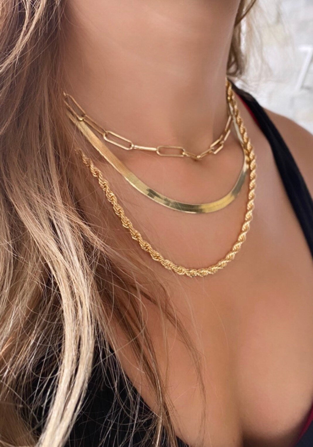18K gold filled herringbone chain necklaces. Snake chain necklaces. Liquid gold chain necklace. Gold Chain necklaces.