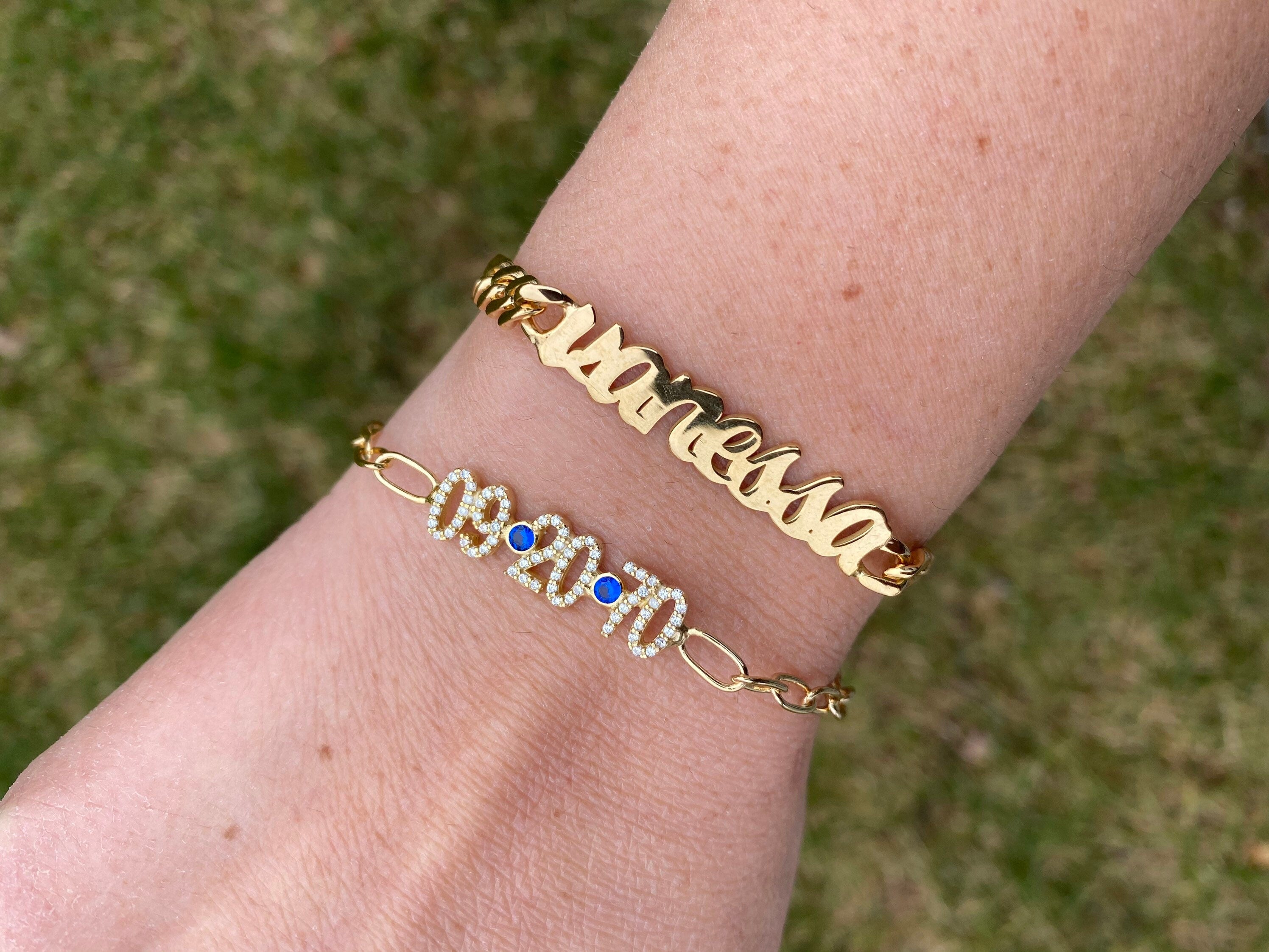 Custom name bracelet on a cuban link chain. Personalized script name bracelet. Sterling silver gold plated nameplate bracelet.
