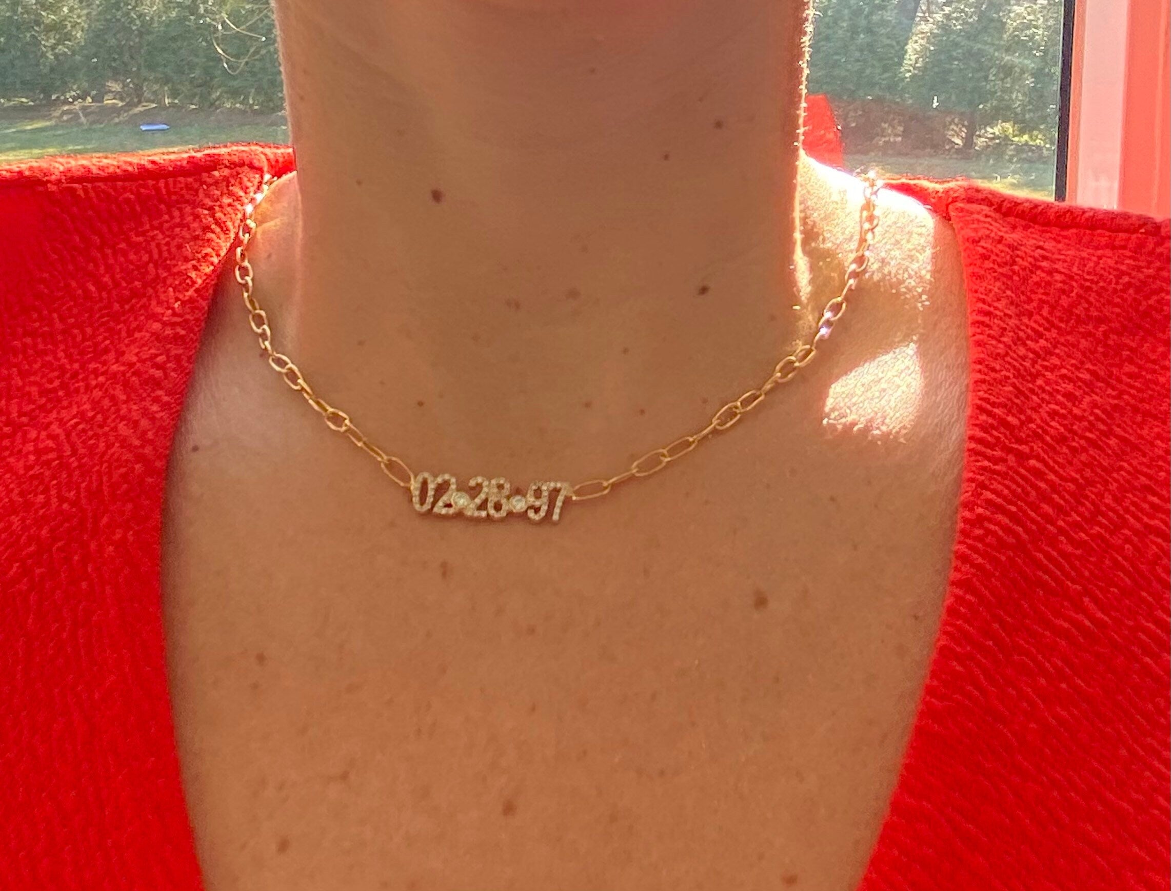 Custom date necklace choker. Date necklace on a paper clip chain with pave stones Anniversary/Birthday necklace. Sterling silver gold plated