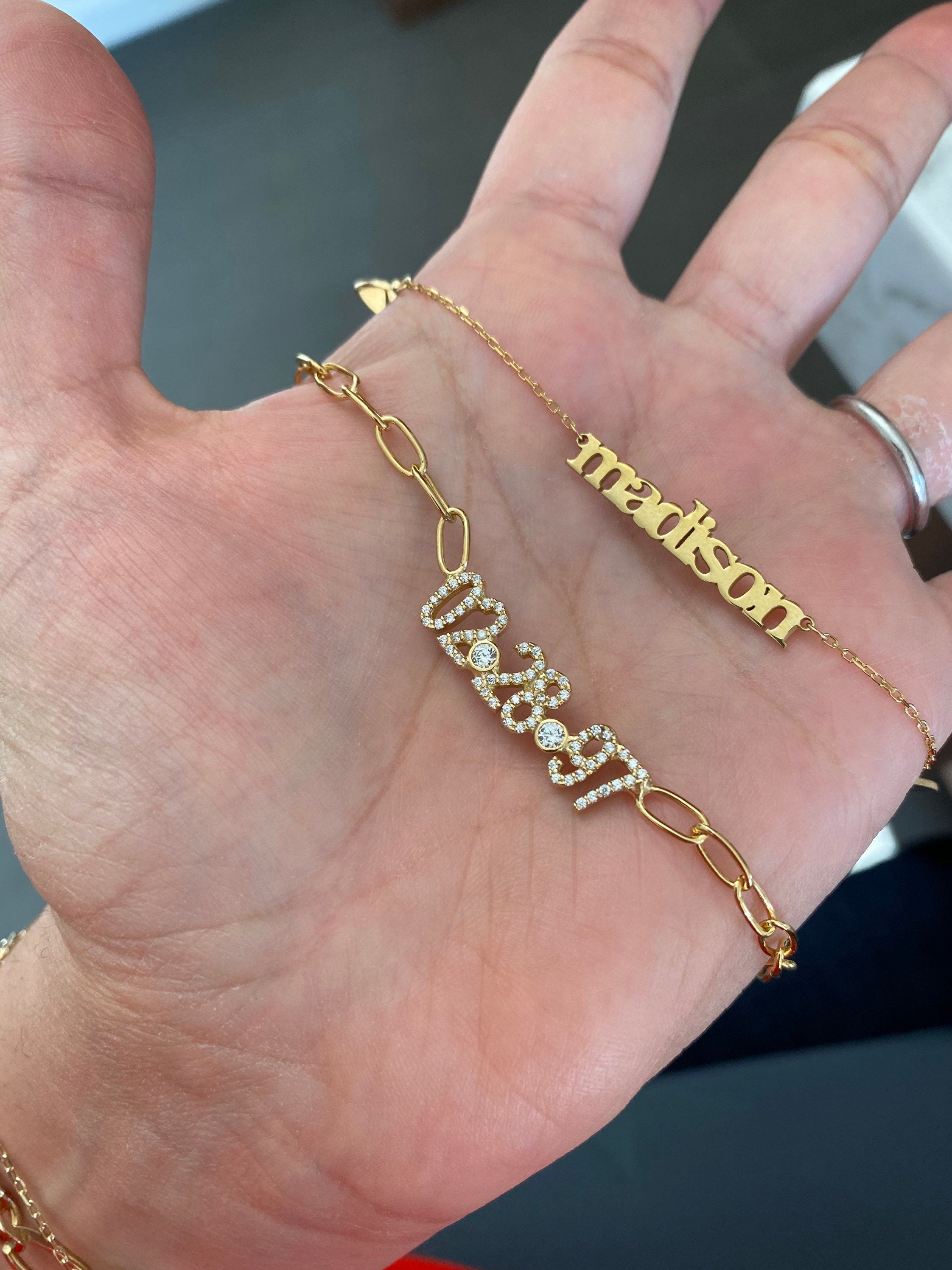 Custom date necklace choker. Date necklace on a paper clip chain with pave stones Anniversary/Birthday necklace. Sterling silver gold plated