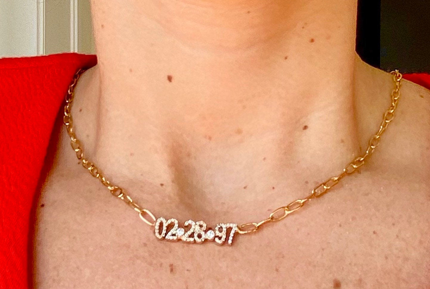 Custom date necklace choker. Date necklace on a paper clip chain with pave stones Anniversary/Birthday necklace. Sterling silver gold plated
