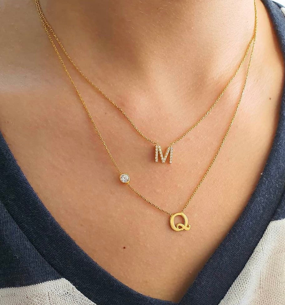Initial necklace with bezel stone | dainty letter necklace | custom initial necklace | Sterling silver gold plated