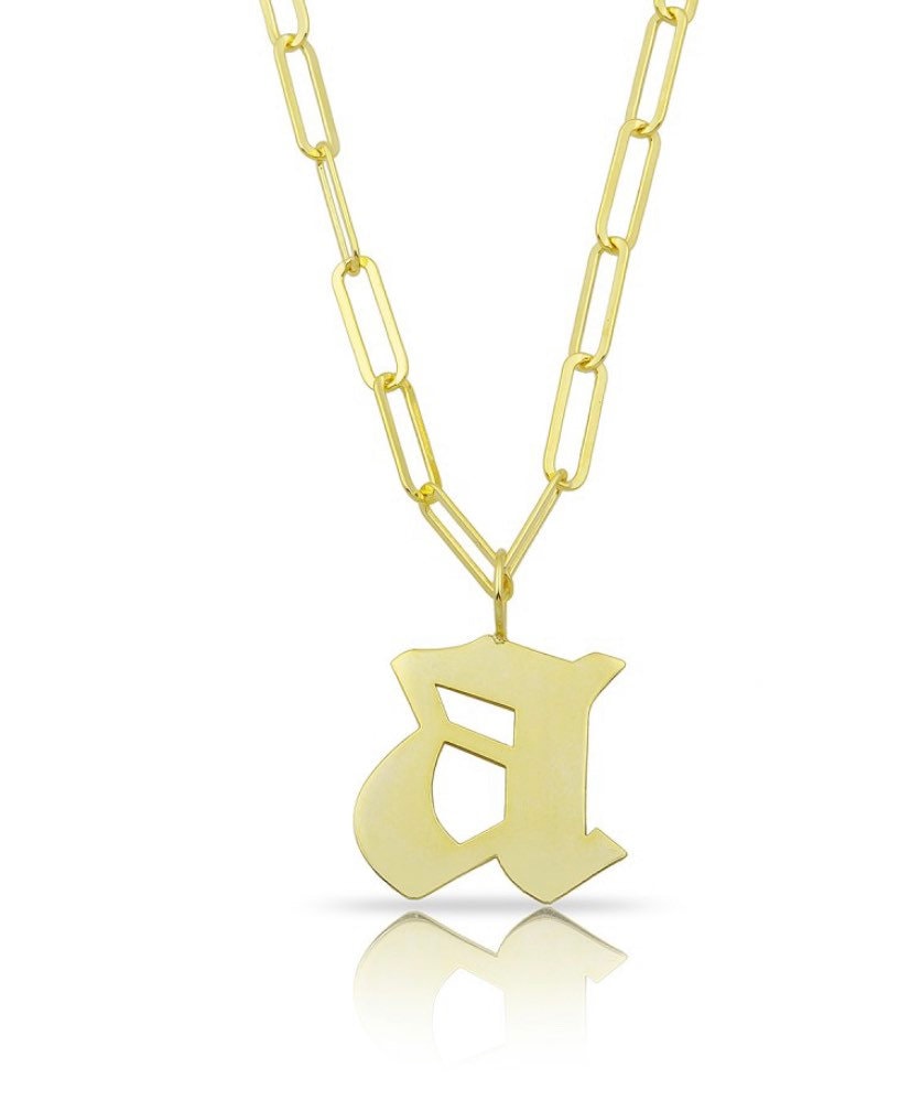 Initial necklace on a paper clip chain | Gothic initial necklace | Personalized old English font necklace/chain |Sterling silver gold plated