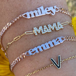 Custom name bracelet on a cuban link chain. Personalized name bracelet on a thin chain. Sterling silver gold plated nameplate bracelet.