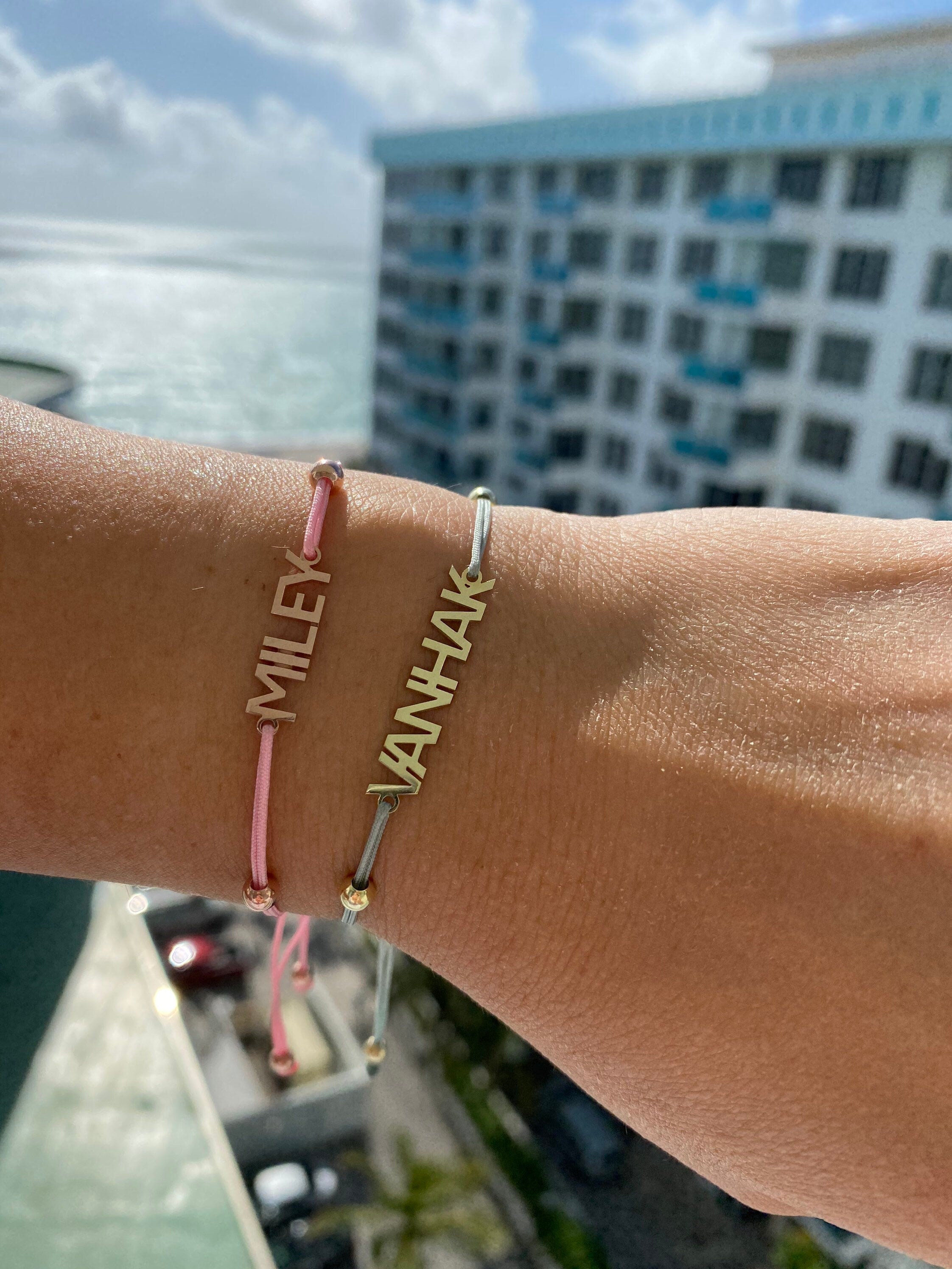 Nameplate string bracelet. Name bracelet. Personalized string bracelets. Custom string bracelets.