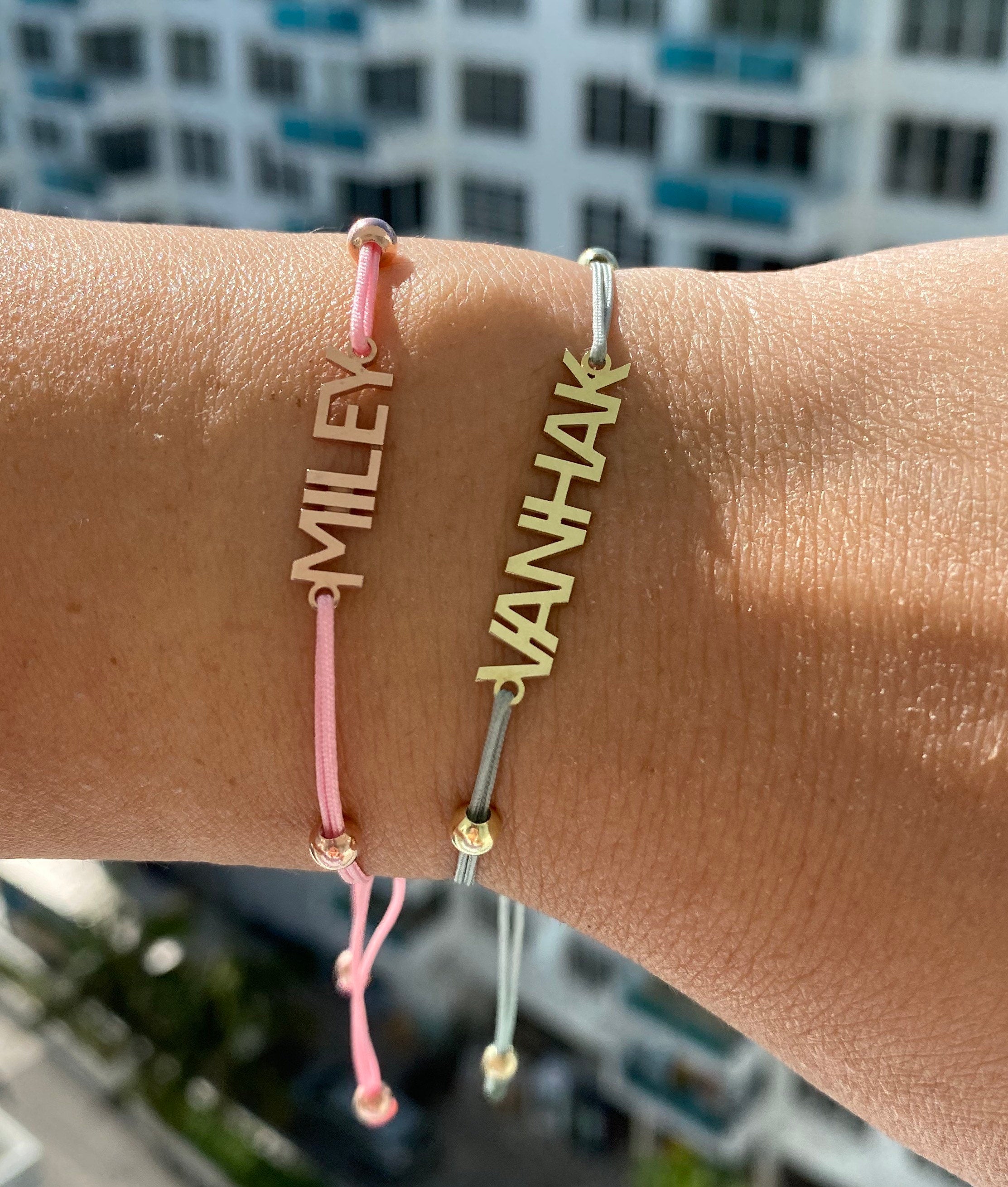 Nameplate string bracelet. Name bracelet. Personalized string bracelets. Custom string bracelets.