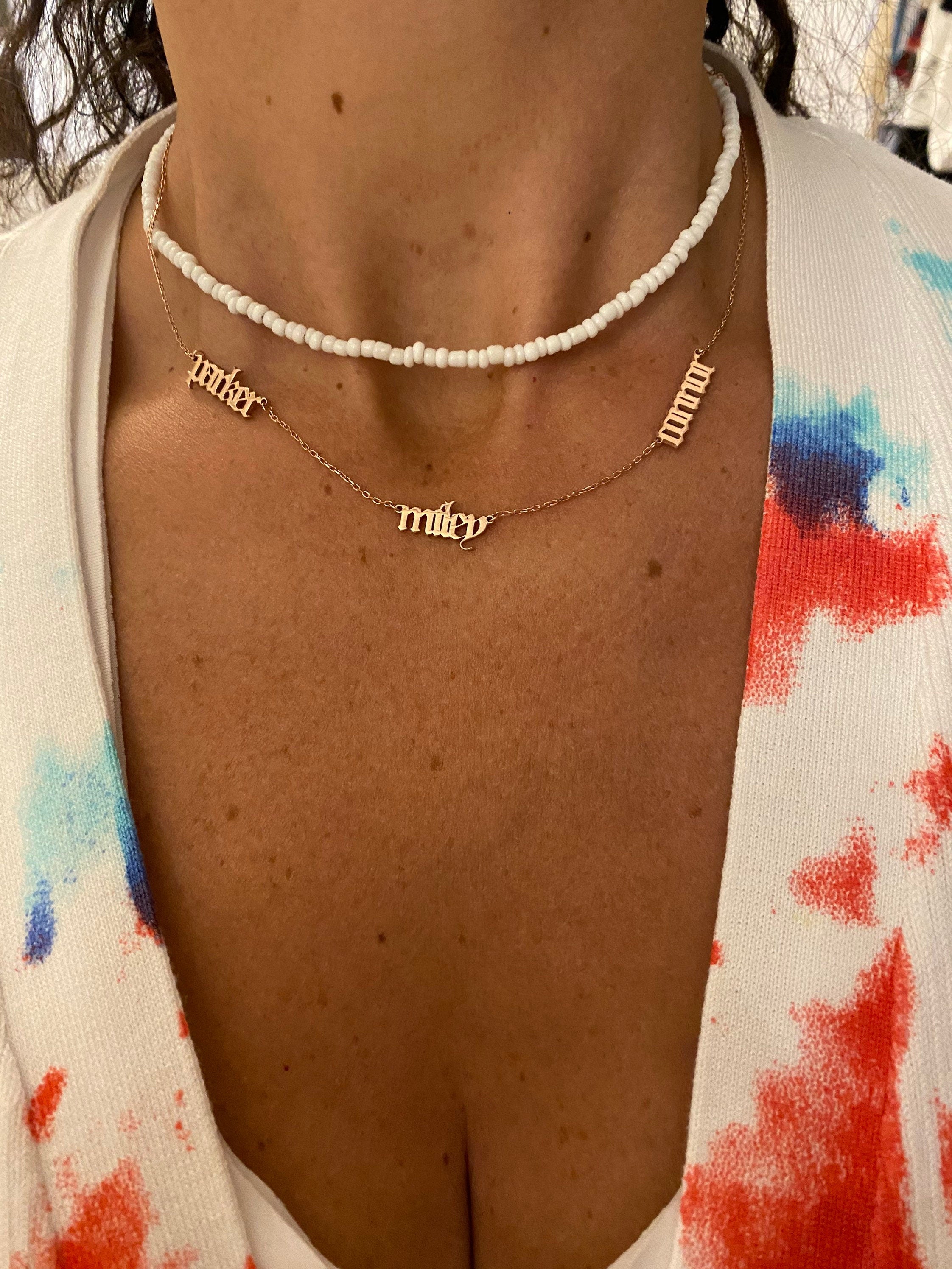 Gothic mommy necklace with 1 2 3 4 5 6 names. Gothic mommy necklace.Mom necklace. Old English Mommy necklace. Sterling silver gold plated.
