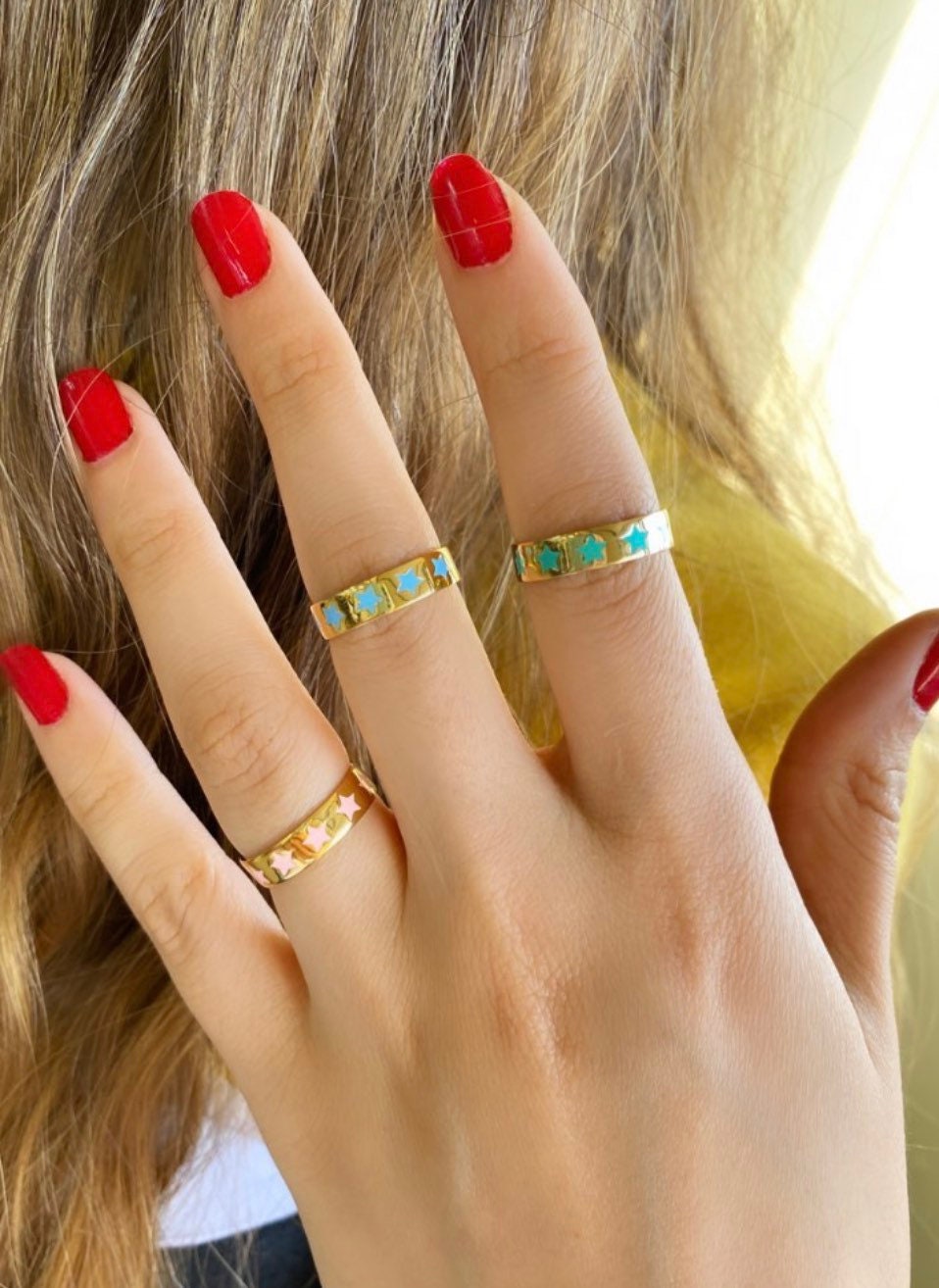 Colorful Enamel star Rings and Bands in Sterling Silver gold plated (as pictured) | star enamel ring | enamel stack ring