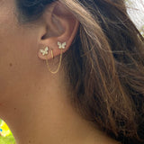 Pave double butterfly chain earrings/studs. Chain earrings. Butterfly earrings. Sterling silver 14K gold plated. Gold, rose gold, silver.