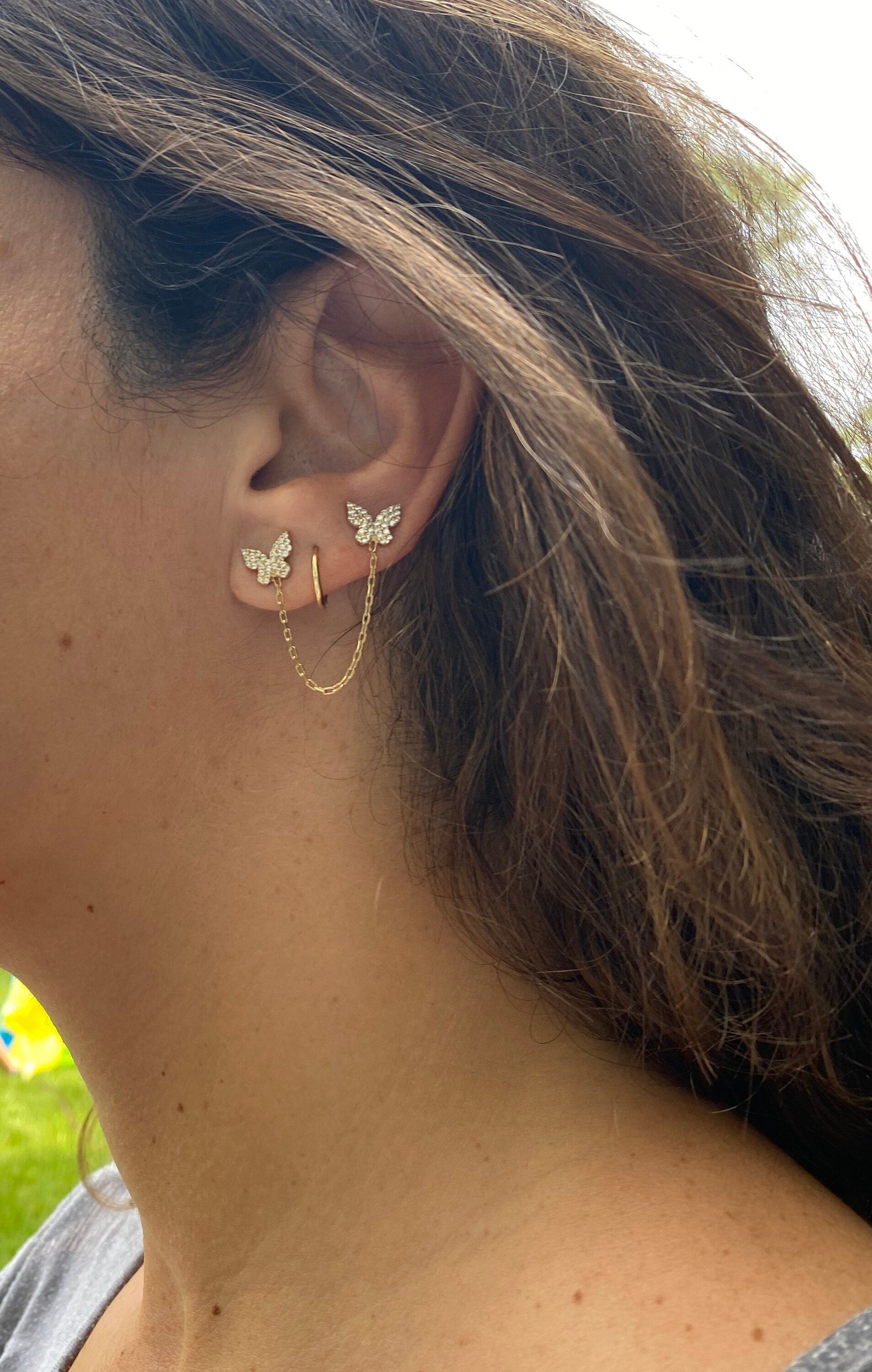 Pave double butterfly chain earrings/studs. Chain earrings. Butterfly earrings. Sterling silver 14K gold plated. Gold, rose gold, silver.