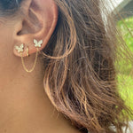 Pave double butterfly chain earrings/studs. Chain earrings. Butterfly earrings. Sterling silver 14K gold plated. Gold, rose gold, silver.
