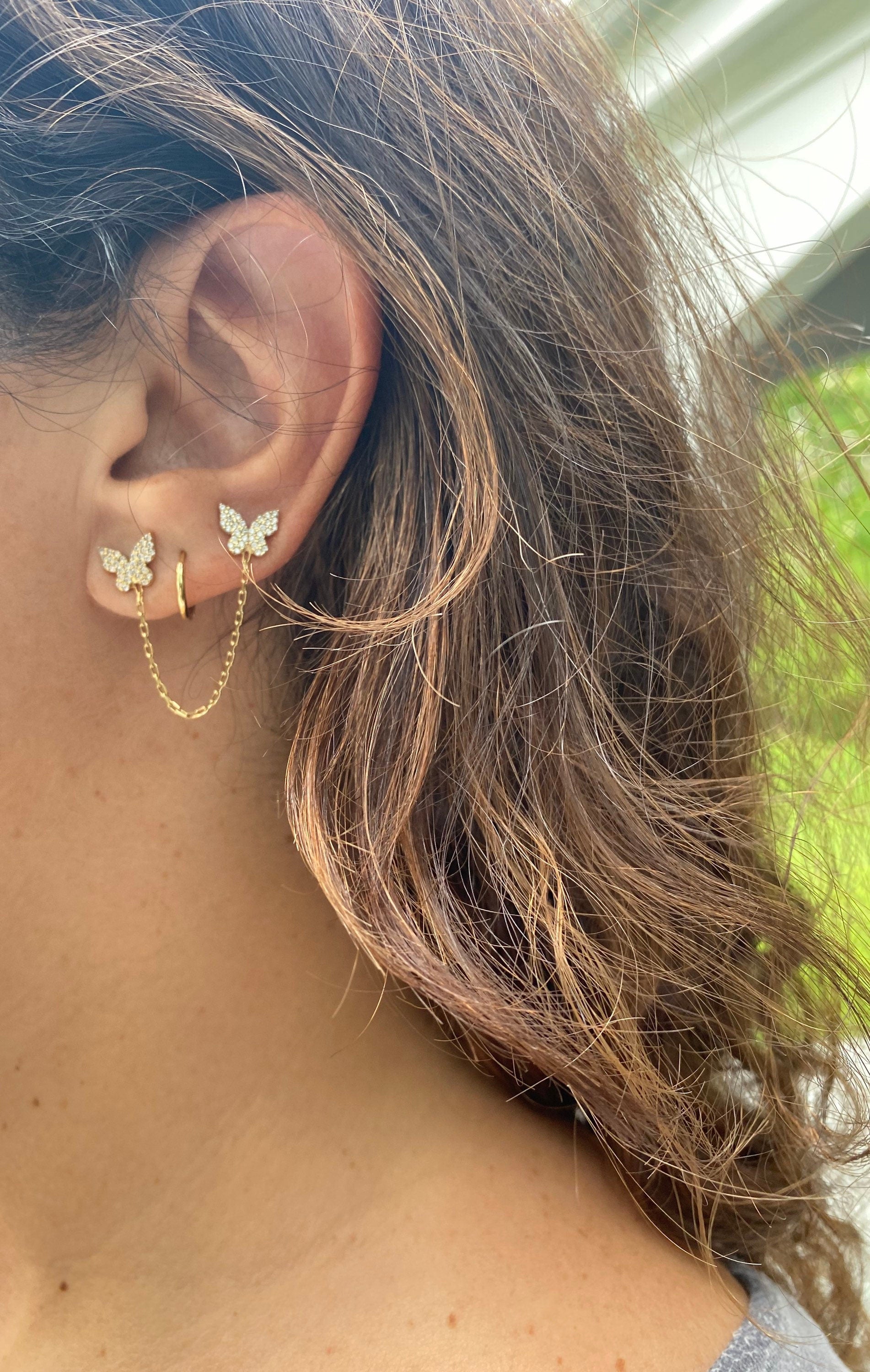Pave double butterfly chain earrings/studs. Chain earrings. Butterfly earrings. Sterling silver 14K gold plated. Gold, rose gold, silver.