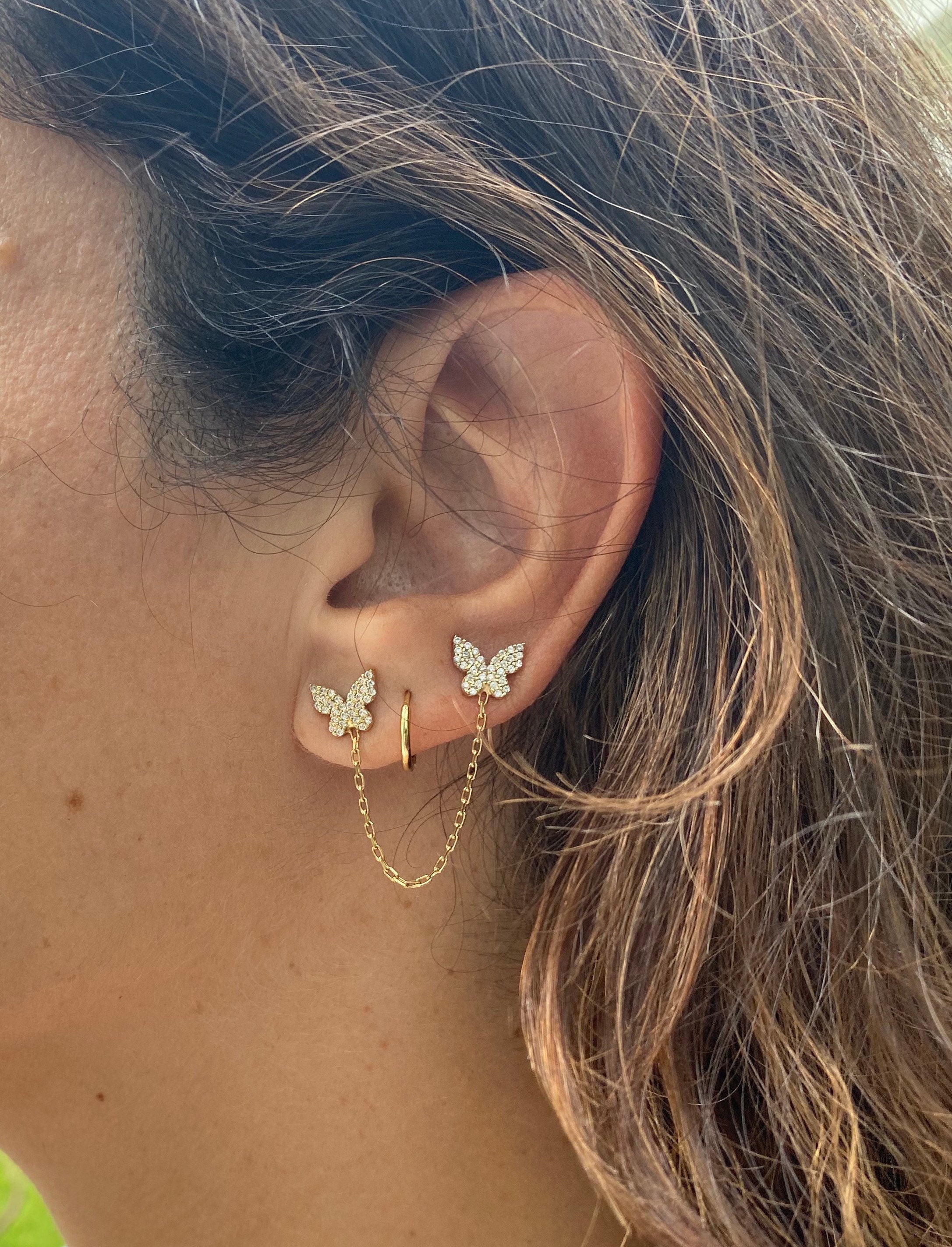 Pave double butterfly chain earrings/studs. Chain earrings. Butterfly earrings. Sterling silver 14K gold plated. Gold, rose gold, silver.