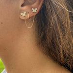 Pave double butterfly chain earrings/studs. Chain earrings. Butterfly earrings. Sterling silver 14K gold plated. Gold, rose gold, silver.