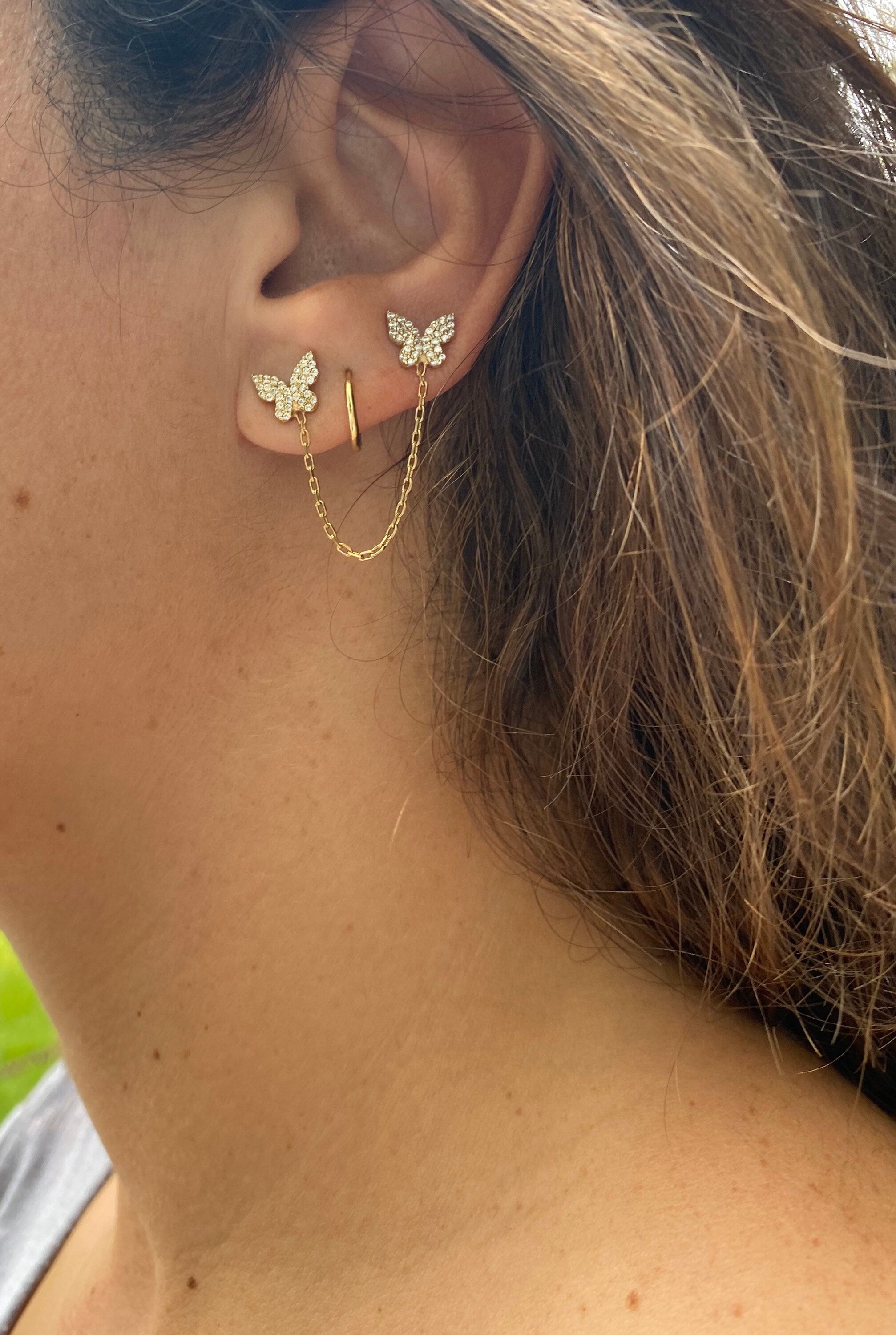Pave double butterfly chain earrings/studs. Chain earrings. Butterfly earrings. Sterling silver 14K gold plated. Gold, rose gold, silver.