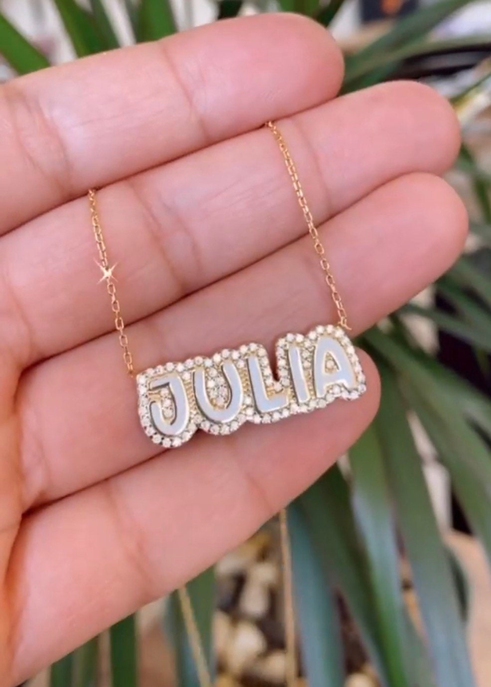 NEW personalized pave outline enamel necklace. Custom enamel pave Julia necklace. Personalized enamel bubble name necklace.