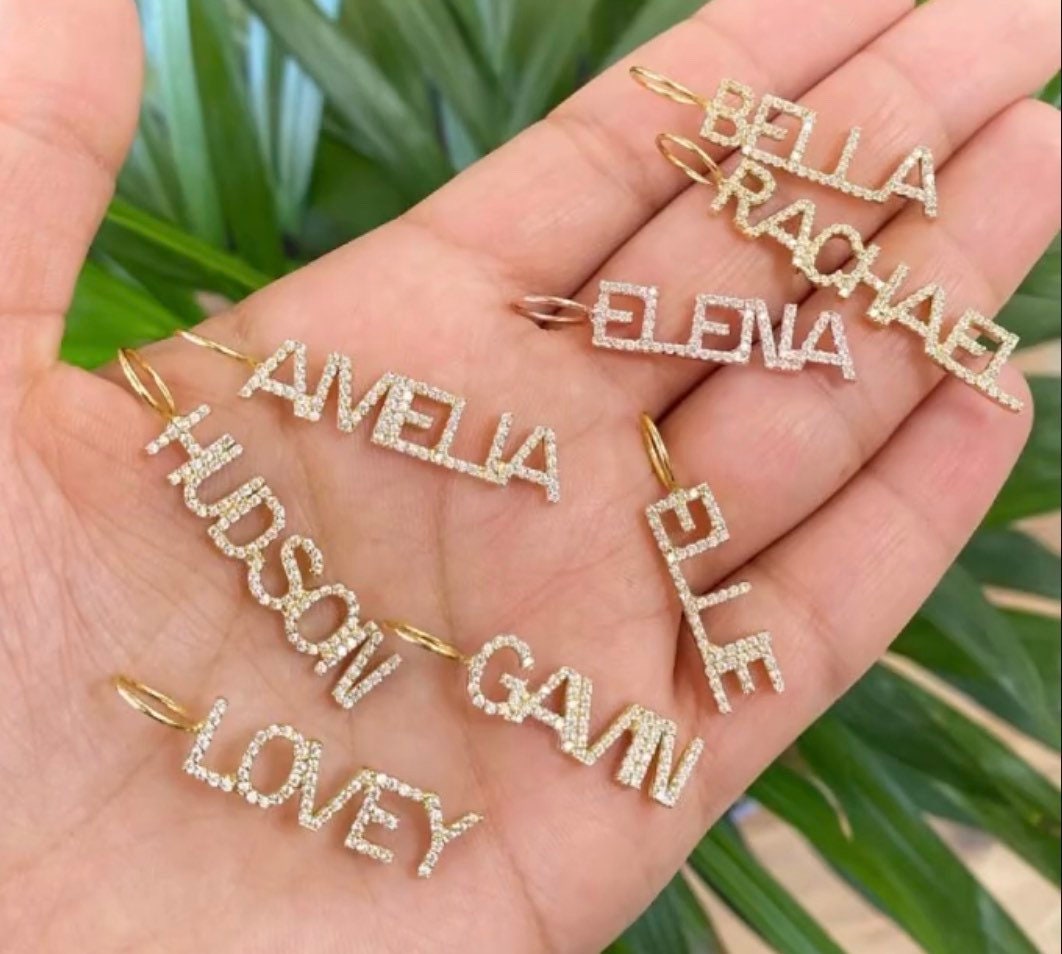 As seen on Kyle Richards, Kathy Hilton and Teddi Mellencamp. Personalized Pave Name Charms. Diamond Charms. CZ charms. Custom name charms.
