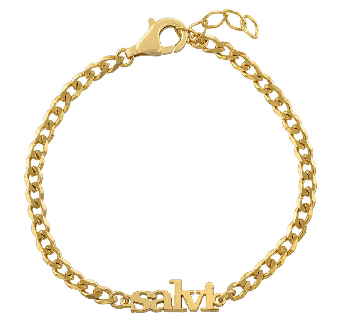 Custom name bracelet on a cuban link chain. Personalized name bracelet on a curb chain. Sterling silver gold plated nameplate bracelet.