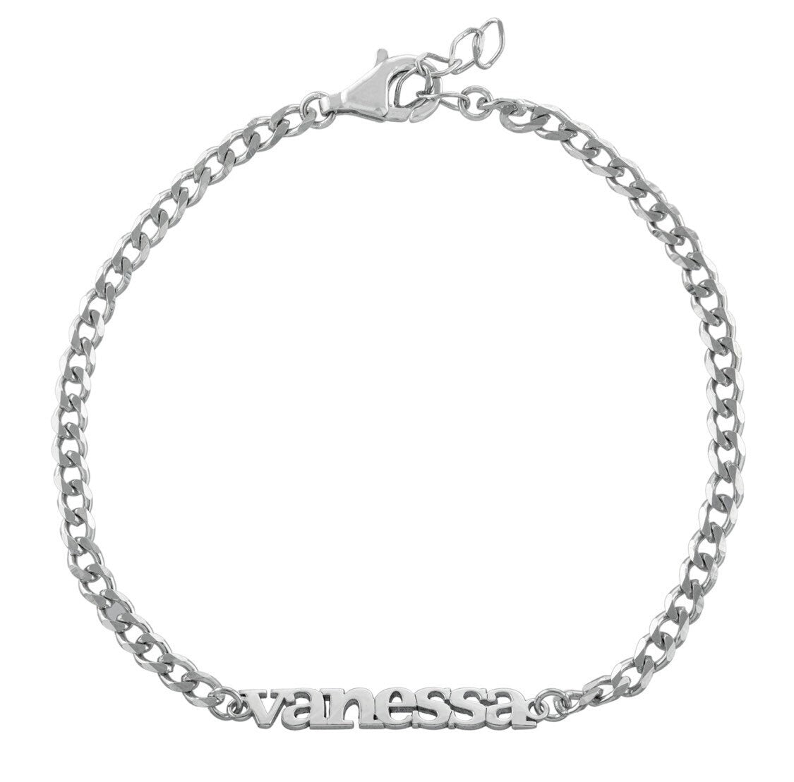 Custom name bracelet on a cuban link chain. Personalized name bracelet on a curb chain. Sterling silver gold plated nameplate bracelet.