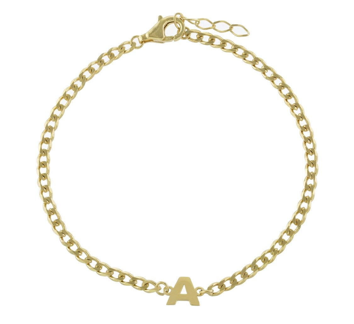 Custom initial bracelet on a cuban link chain. Personalized initialbracelet on a curb chain. Sterling silver gold plated initial bracelet.
