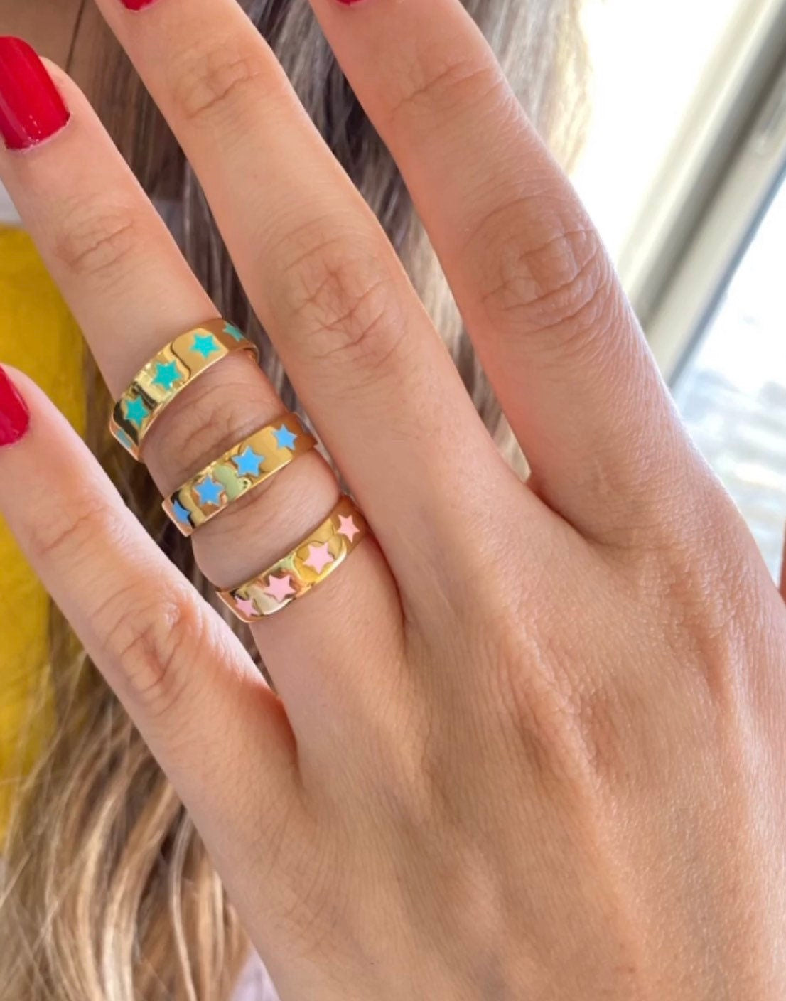 Colorful Enamel star Rings and Bands in Sterling Silver gold plated (as pictured) | star enamel ring | enamel stack ring