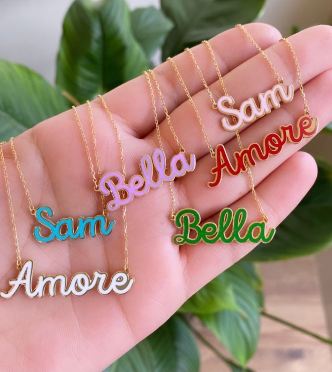 Sterling silver 14K gold plated Enamel Script Miley Nameplate Necklace | Enamel Hebrew Name Necklace | Personalized enamel script Jewelry