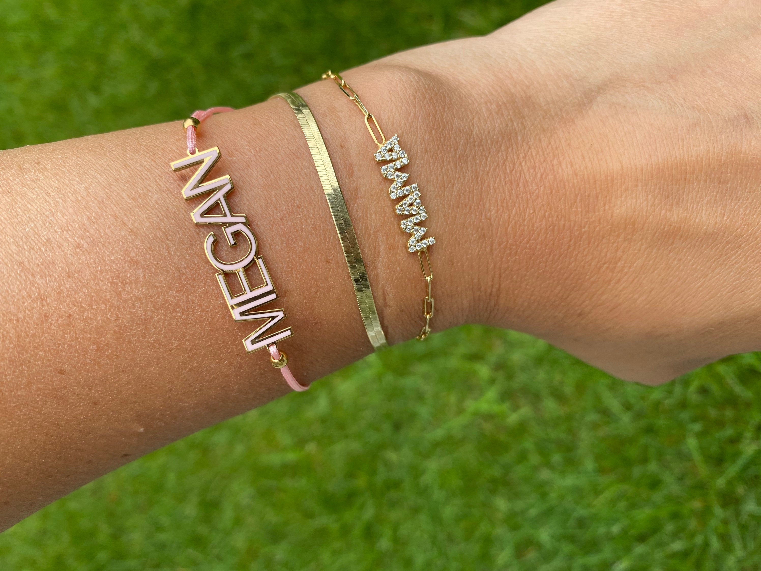 Nameplate string bracelet. Name bracelet. Personalized string bracelets. Custom string bracelets. Enamel name nameplate bracelet.