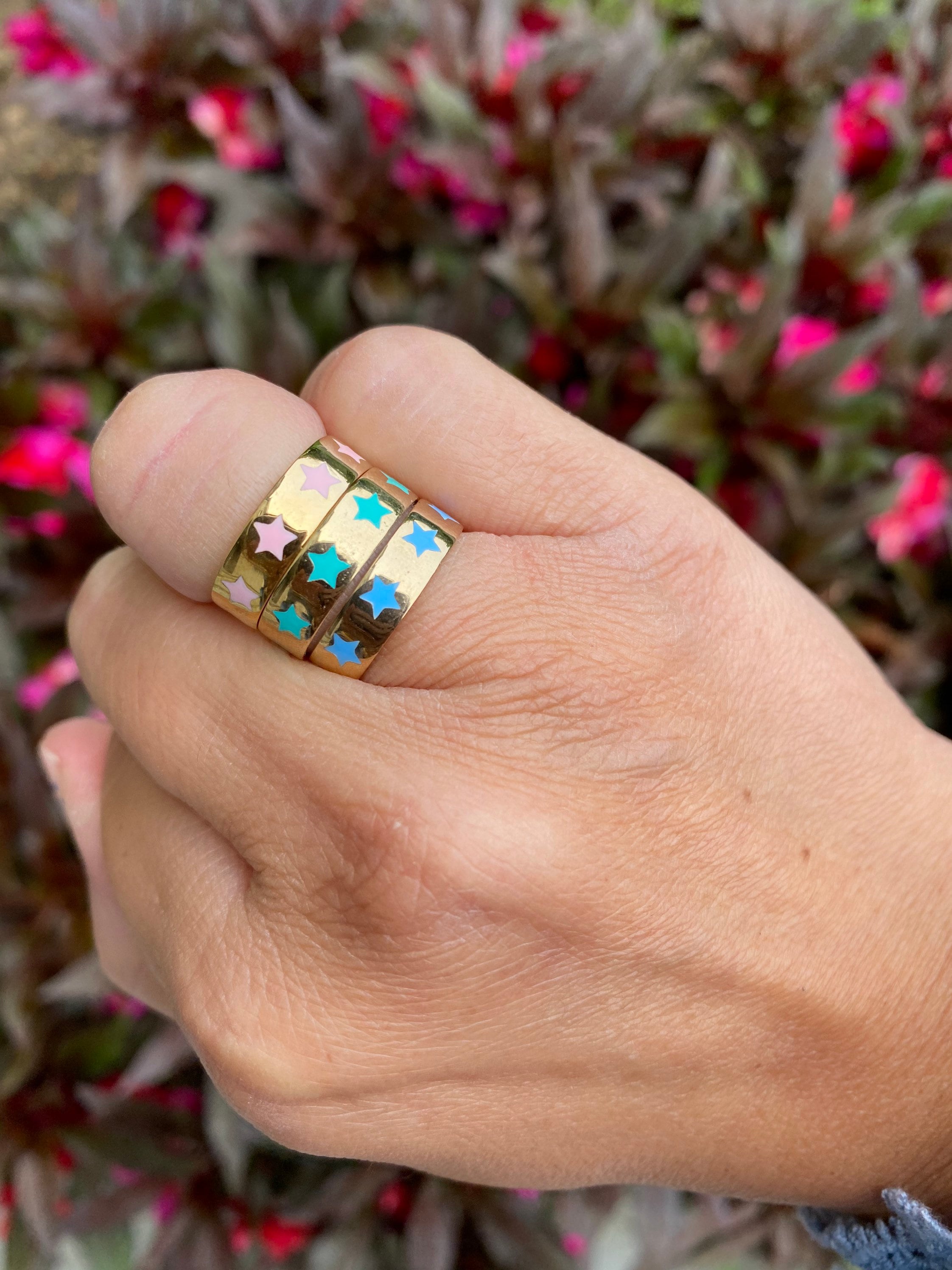 Colorful Enamel star Rings and Bands in Sterling Silver gold plated (as pictured) | star enamel ring | enamel stack ring