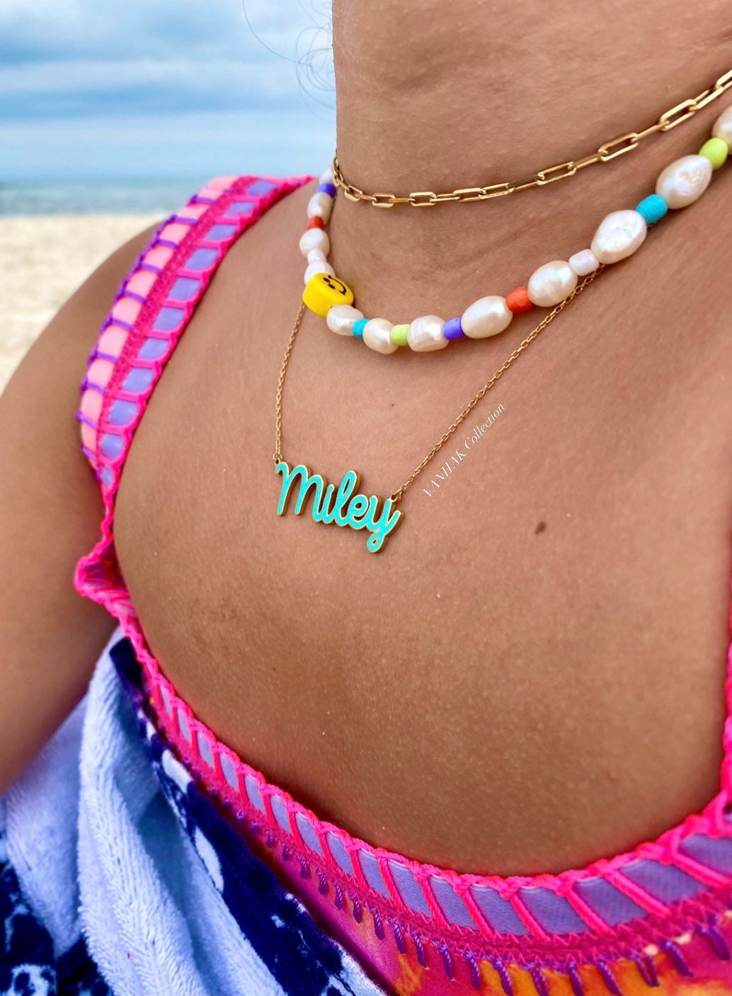 Sterling silver 14K gold plated Enamel Script Miley Nameplate Necklace | Enamel Hebrew Name Necklace | Personalized enamel script Jewelry