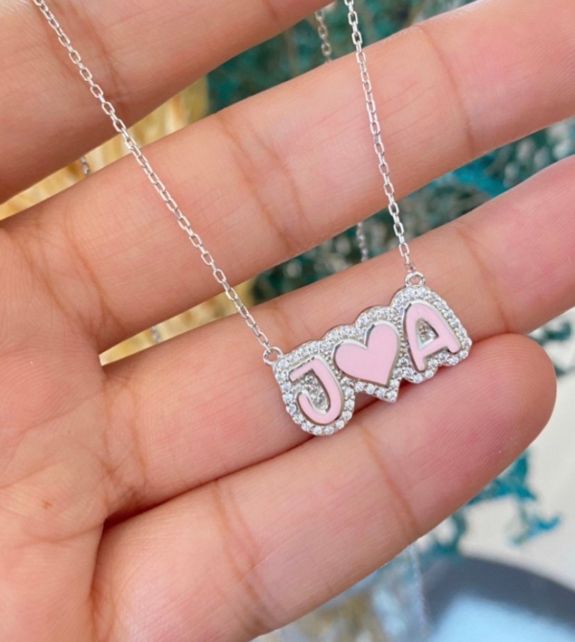 NEW personalized pave outline enamel necklace. Custom enamel pave Julia necklace. Personalized enamel bubble name necklace.