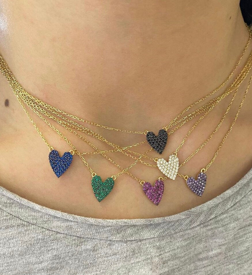 Sterling silver and gold plated pave heart necklaces. CZ heart necklace. Small pave heart necklace choker.