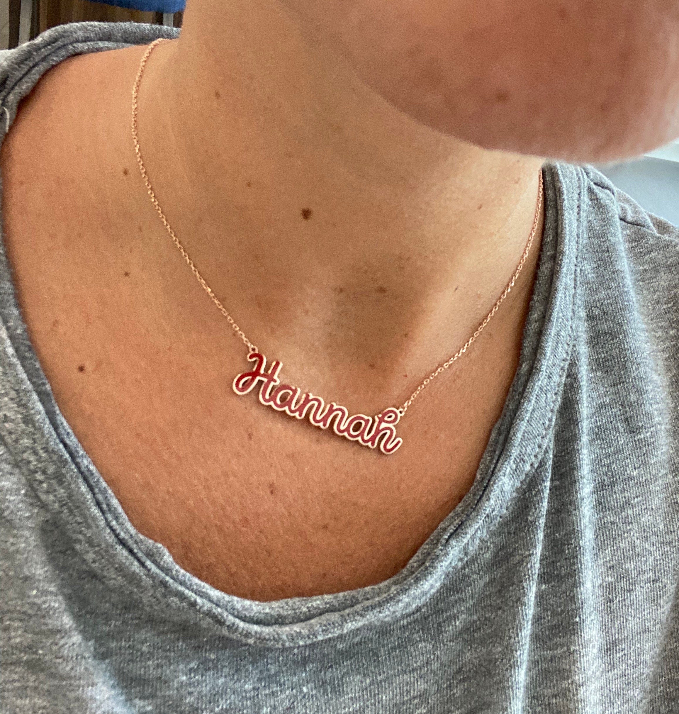 Sterling silver 14K gold plated Enamel Script Miley Nameplate Necklace | Enamel Hebrew Name Necklace | Personalized enamel script Jewelry