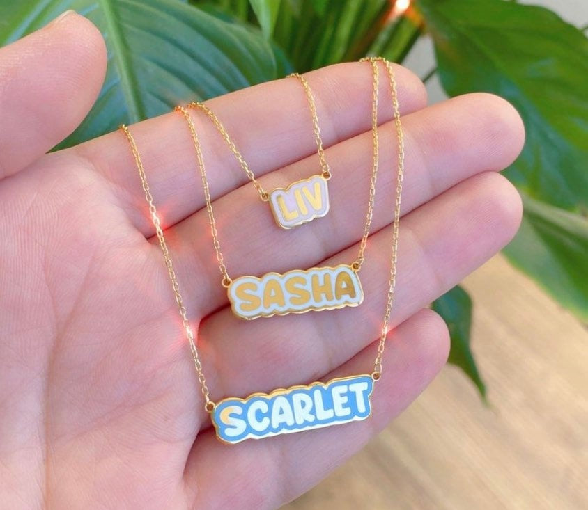 Enamel Outline Bubble Nameplate Necklace | Enamel Hebrew Name Necklace | Personalized enamel Jewelry | Arabic name necklace