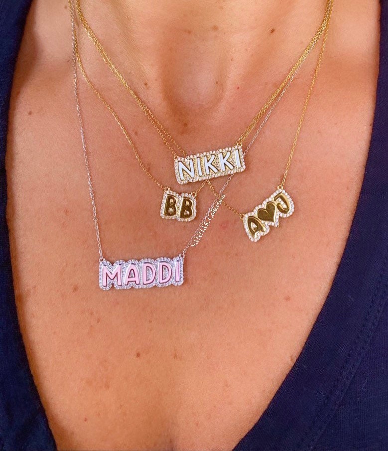 NEW personalized pave outline enamel necklace. Custom enamel pave Julia necklace. Personalized enamel bubble name necklace.