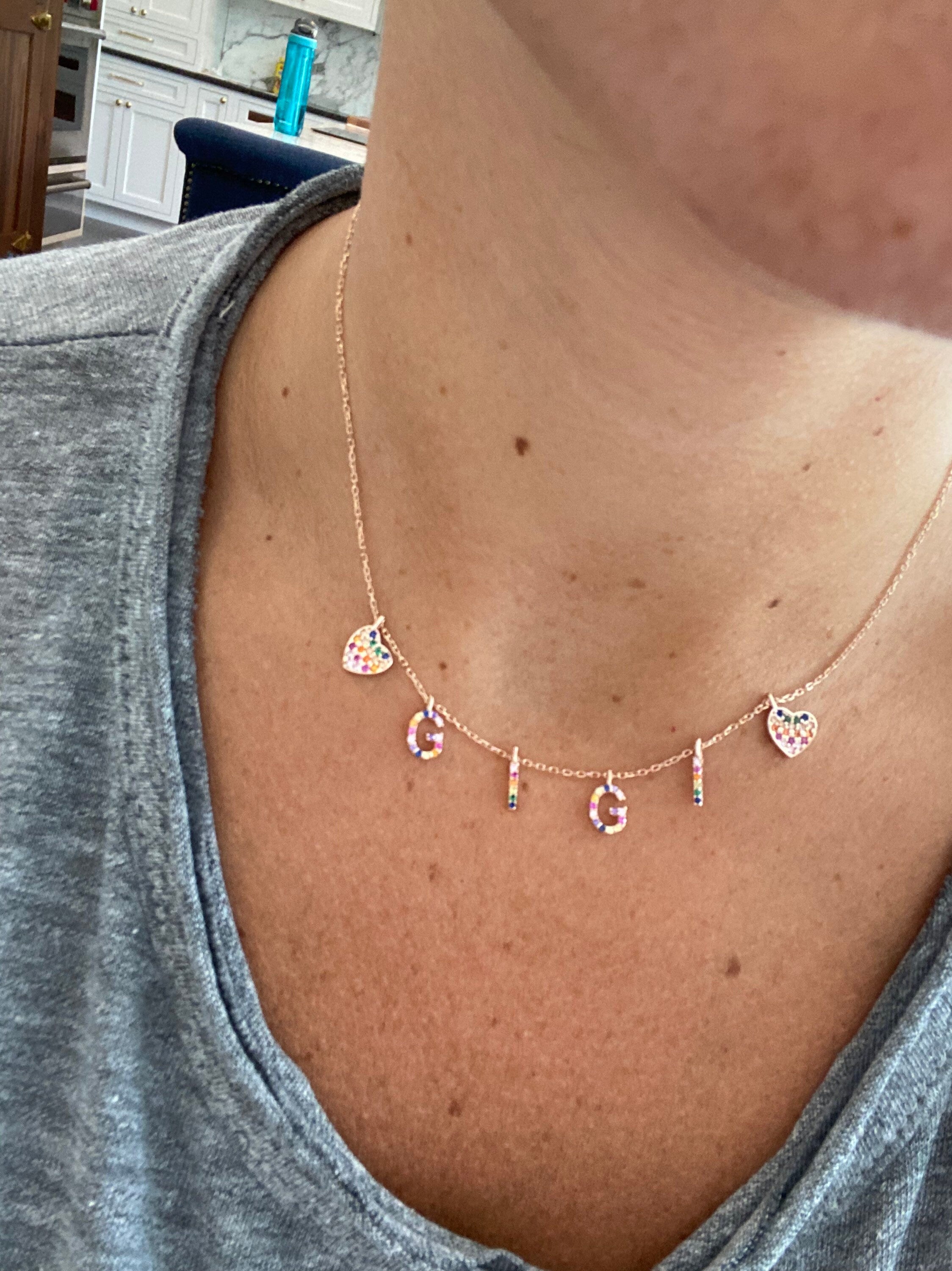 Rainbow name necklace with hearts | Sterling Silver Personalized Custom Rainbow Name or Initials Necklace with hearts