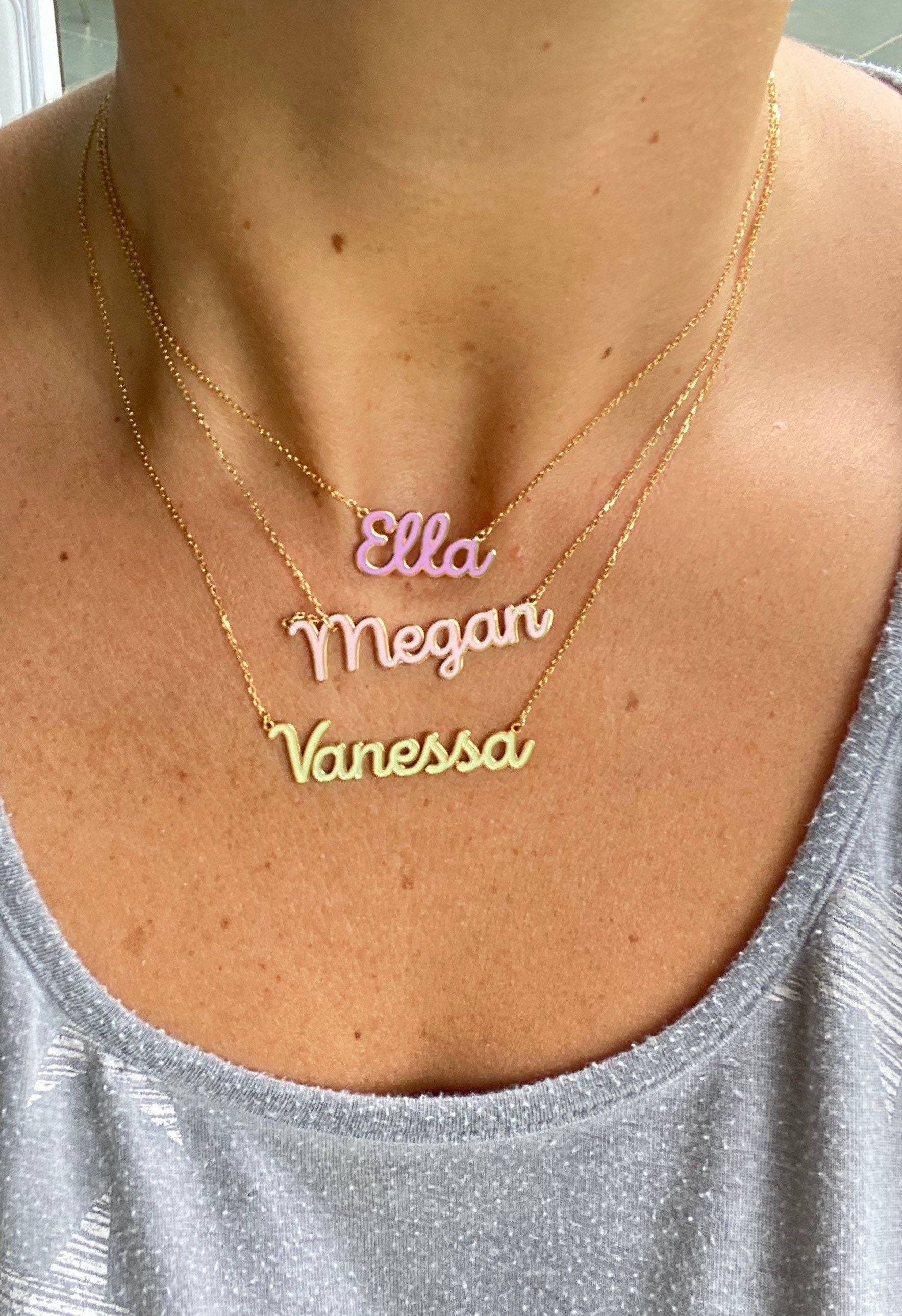 Sterling silver 14K gold plated Enamel Script Miley Nameplate Necklace | Enamel Hebrew Name Necklace | Personalized enamel script Jewelry