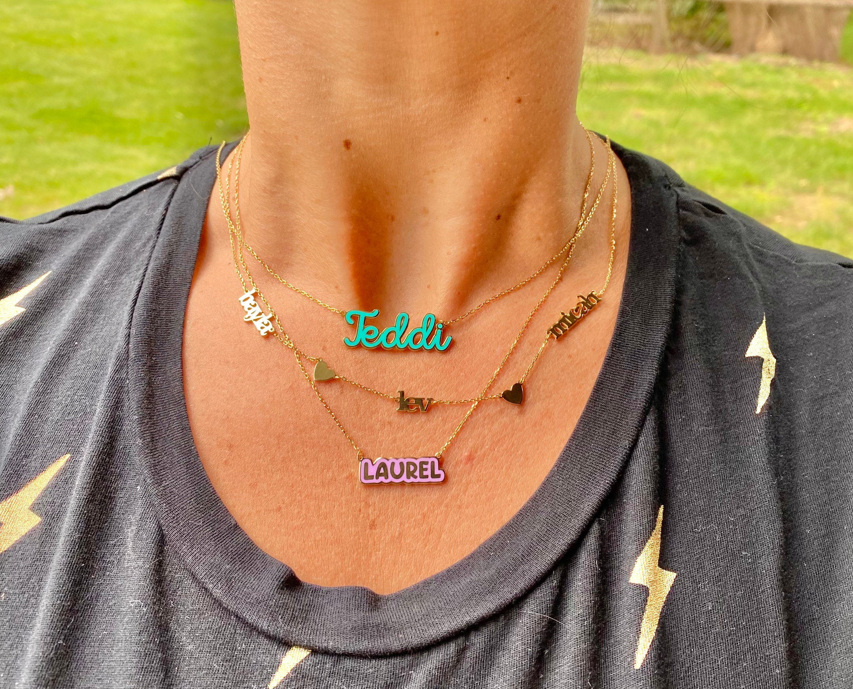 Sterling silver 14K gold plated Enamel Script Miley Nameplate Necklace | Enamel Hebrew Name Necklace | Personalized enamel script Jewelry