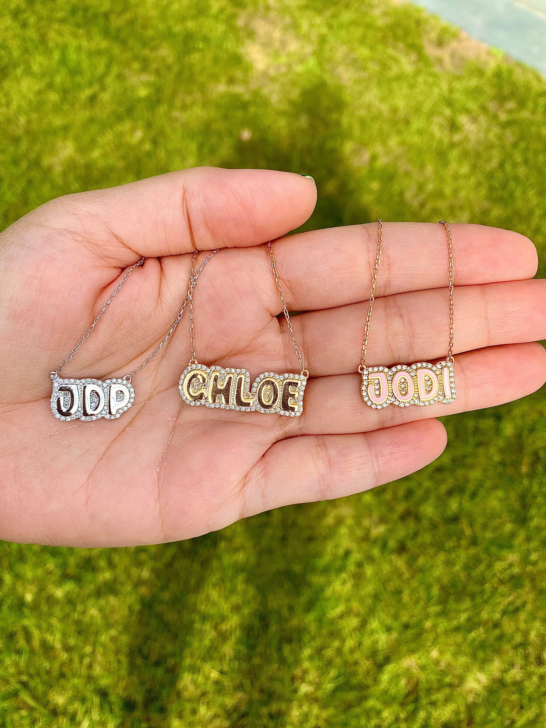 personalized pave outline necklace. Custom Emily pave outline necklace. Personalized bubble necklace. Custom bubble name necklace.