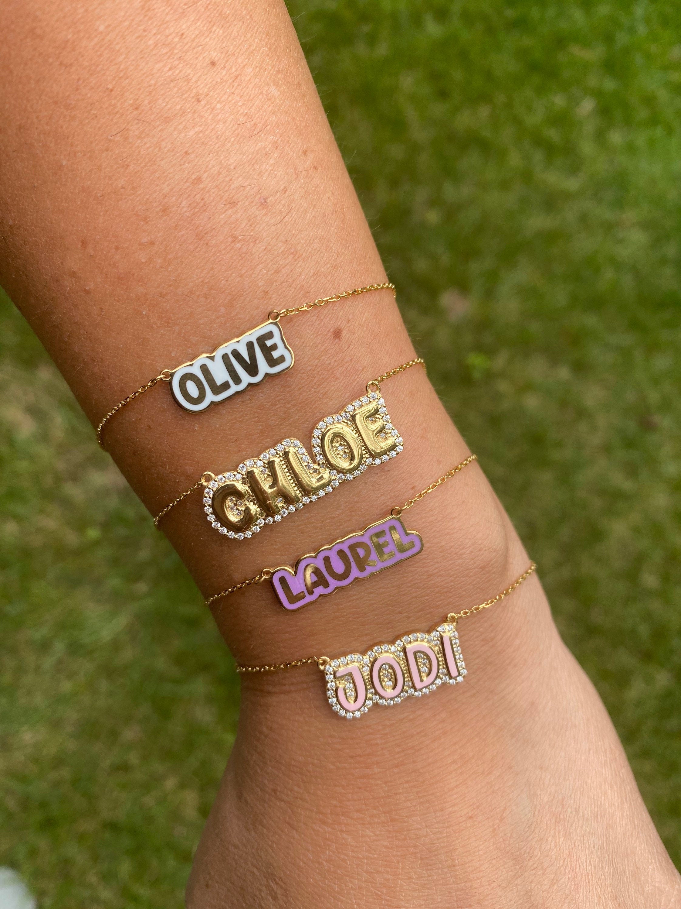 NEW personalized pave outline enamel name bracelets. Custom enamel bracelet. Personalized enamel bubble bracelet