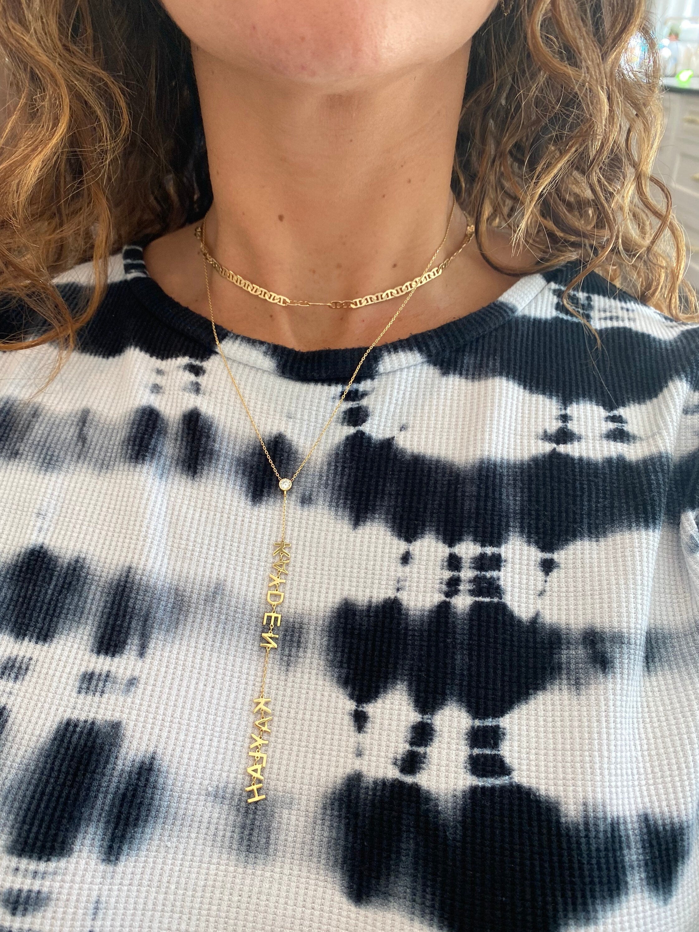 diamond bezel initials lariat necklace. Initial lariat necklace. Diamond lariat necklace. Name lariat choker. Sterling silver gold plated.